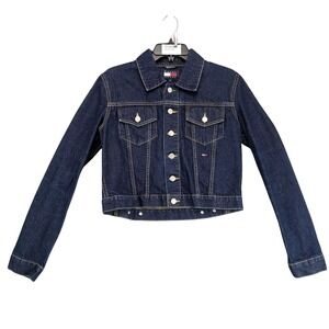 Vintage Y2K Tommy Hilfiger Jean Jacket Juniors L Denim Cropped Dark Wash Trucker